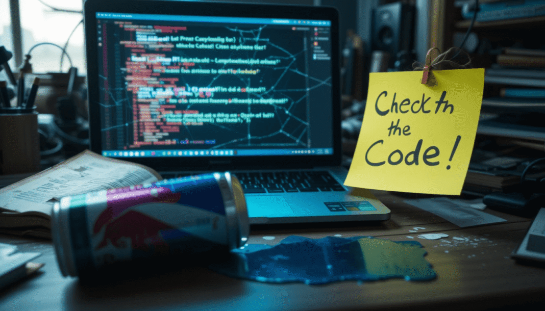 Messy desk with blockchain guide, cracked laptop, sticky note, spilled Red Bull.